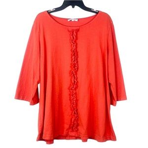 Bryn Walker coral ruffle front accent 3/4 sleeves 1”0% cotton tunic top size XL